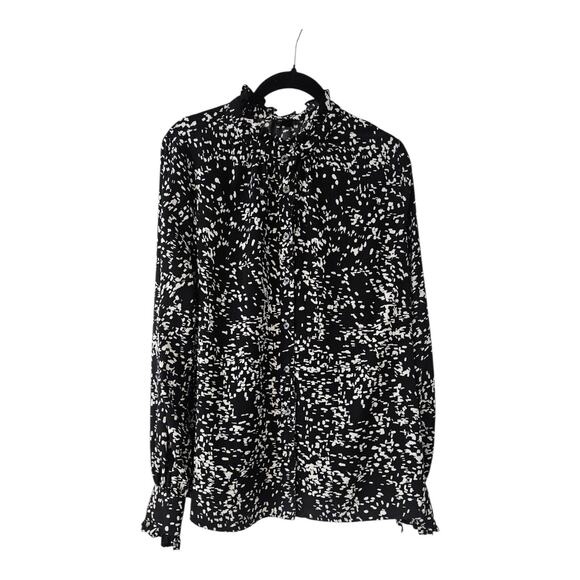 Halogen Womens Size M Top Blouse Black White Ruffle Collar/Sleeves Button-Up - Picture 1 of 6
